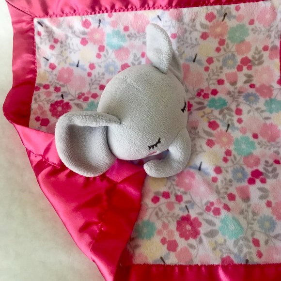 Parent's Choice: Baby Girl Elephant Pink/Gray Floral Satin Edge Security Blanket - Picture 2 of 7